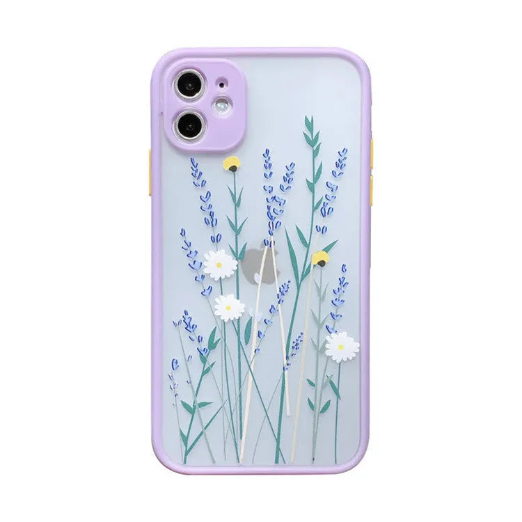 iPhone case with cartoon floral design and contrasting colour matte frame in pink lavender.