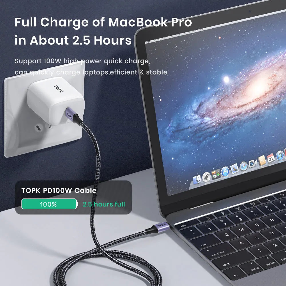 Grey USB-C to USB-C fast charging data cable, male to male Type-C, 0.5m or 1m, 60W or 100W