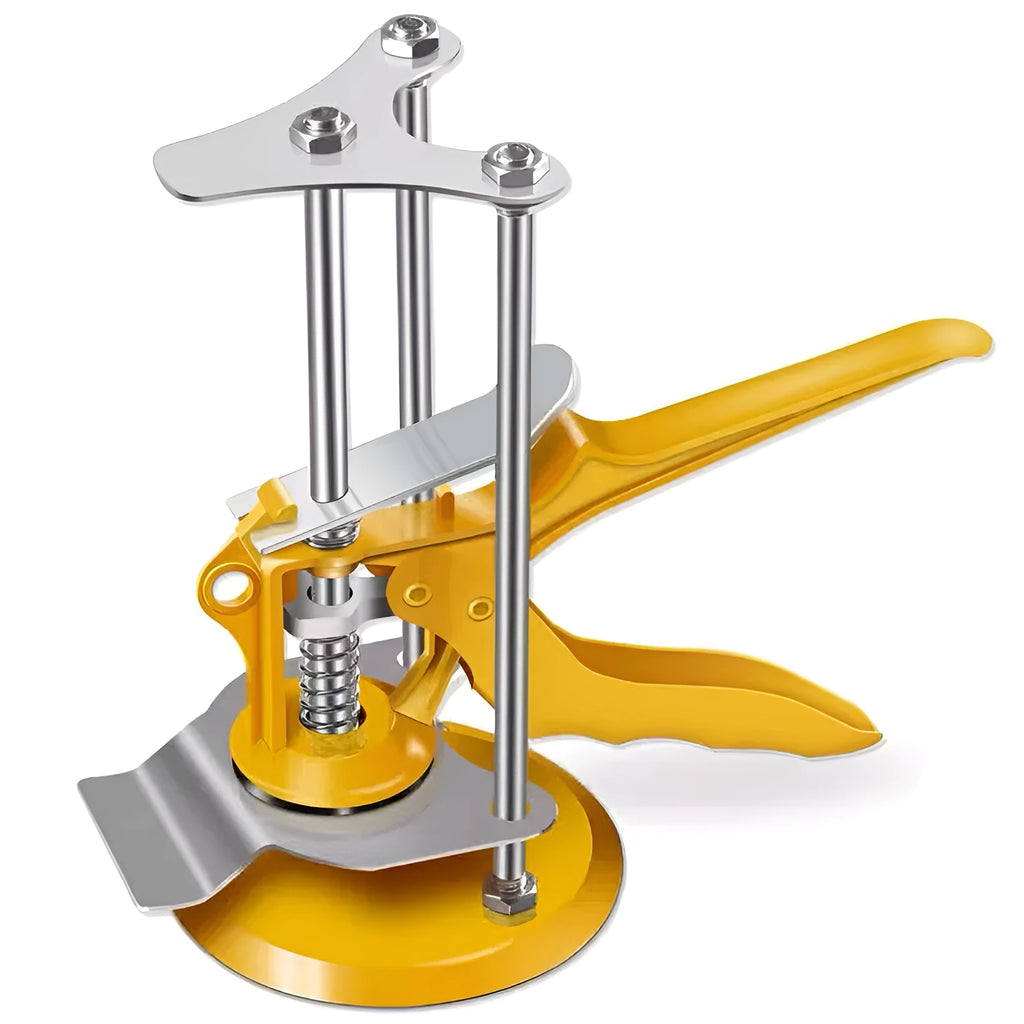 Metal alloy tile raising positioner with adjustable height control for concrete processing