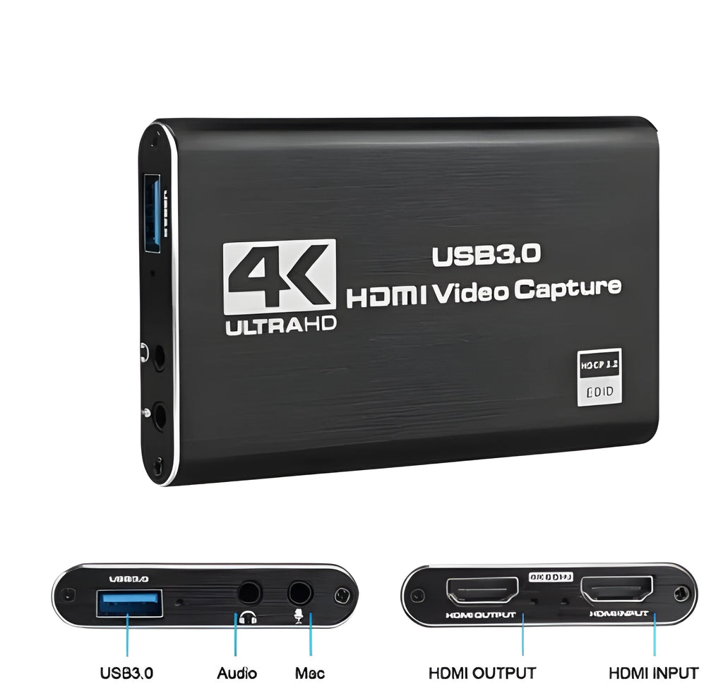 JT-66 4K HDMI game capture card in black aluminium with USB 3.0 interface for 1080P recording and streaming