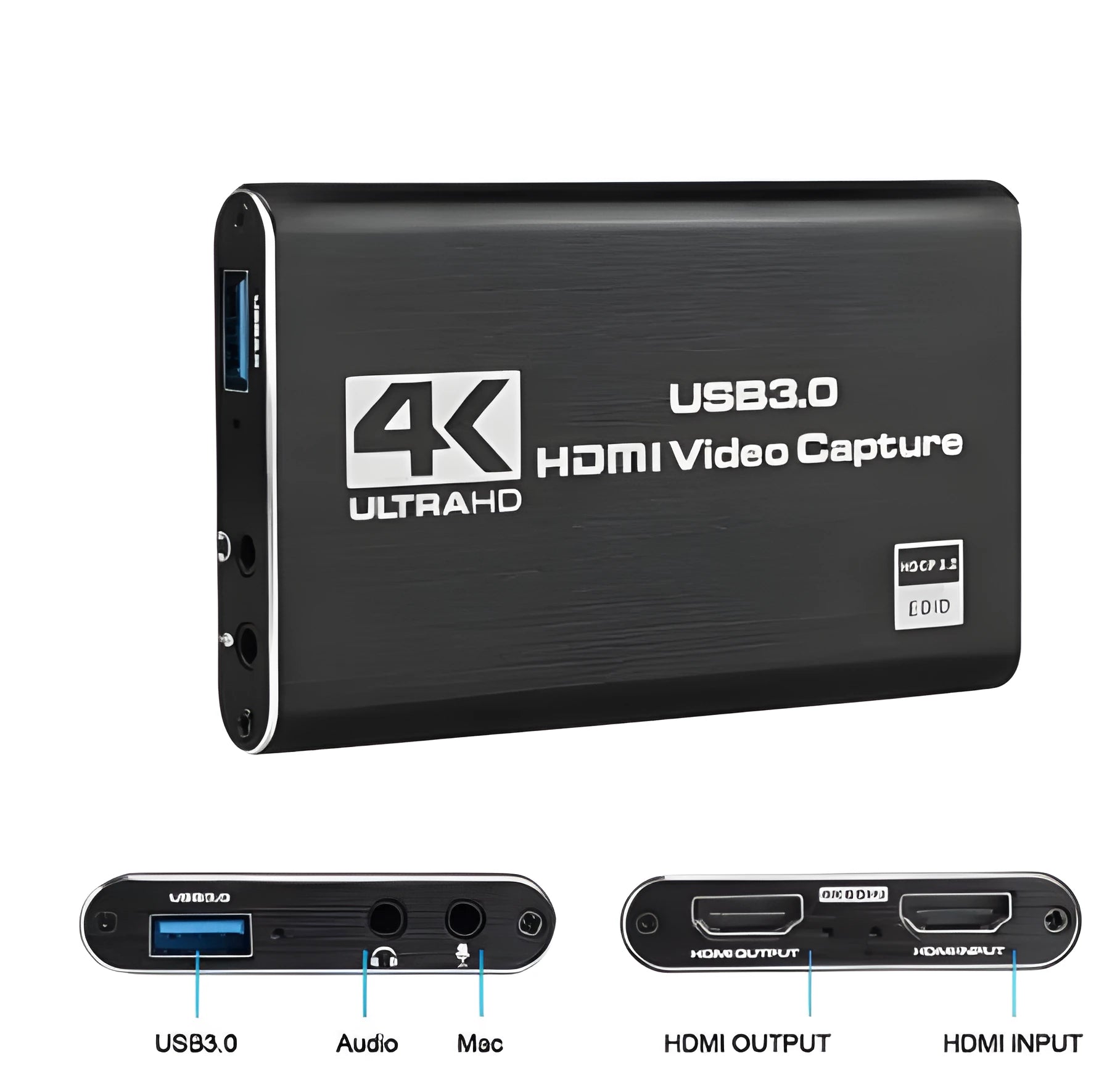 JT-66 4K HDMI game capture card in black aluminium with USB 3.0 interface for 1080P recording and streaming