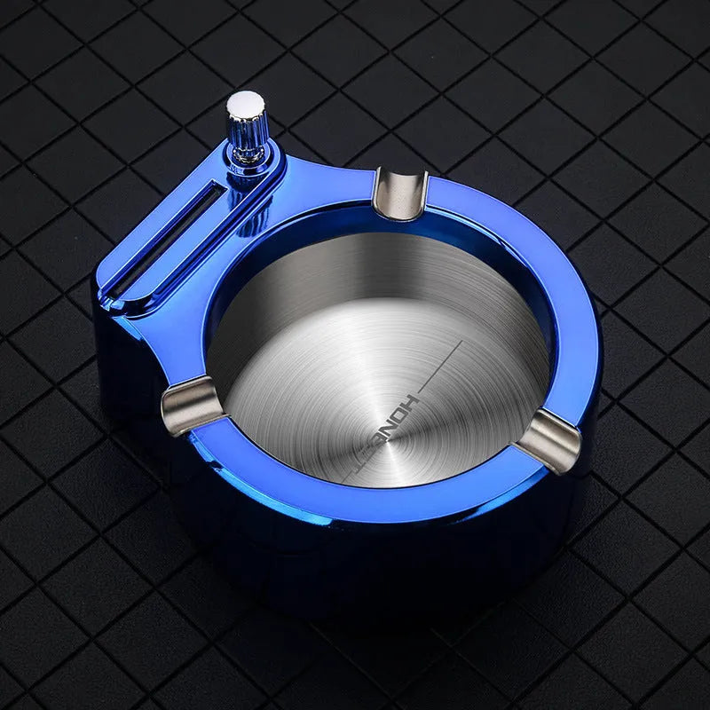 Large stainless steel ashtray with permanent match lighter and three cigarette slots in blue colour