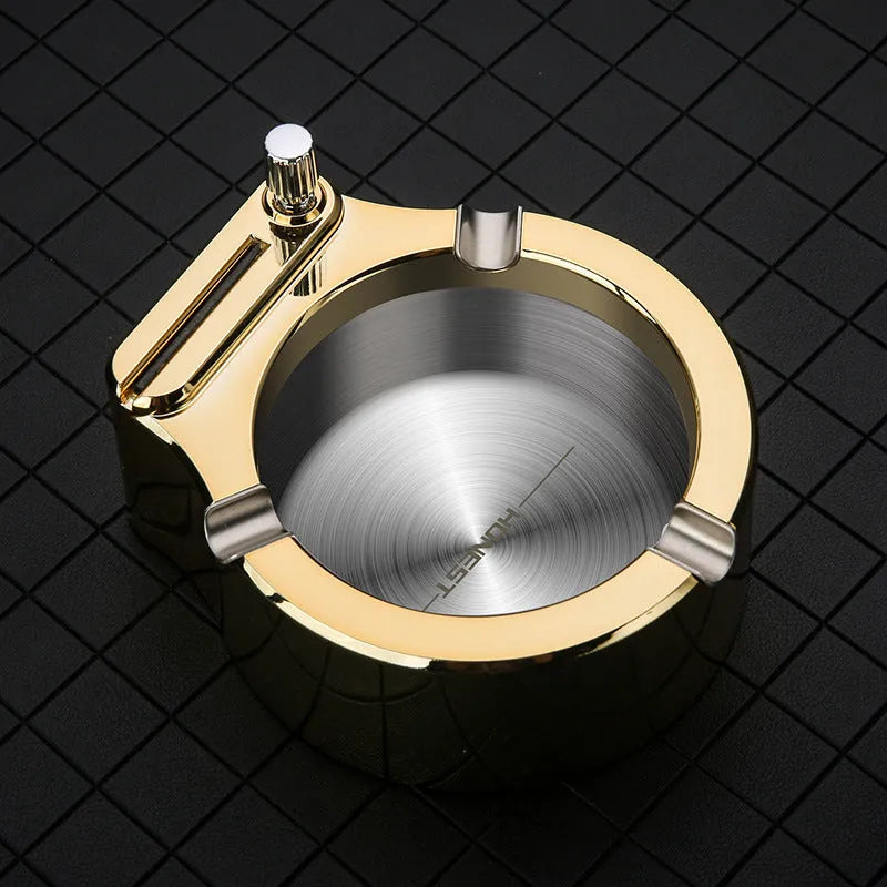 Large stainless steel ashtray with permanent match lighter and three cigarette slots in blue colour