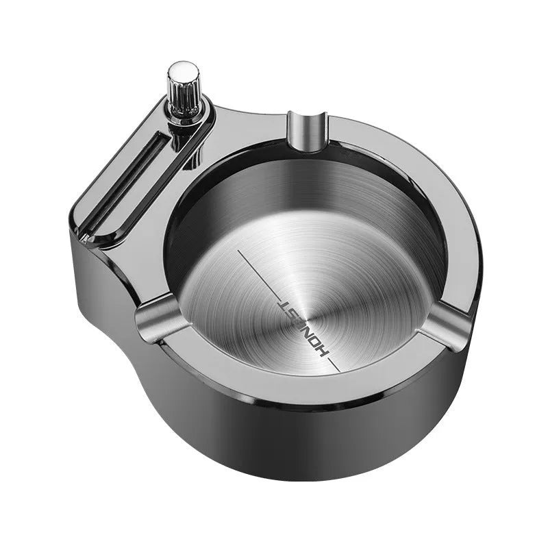 Large stainless steel ashtray with permanent match lighter and three cigarette slots in blue colour