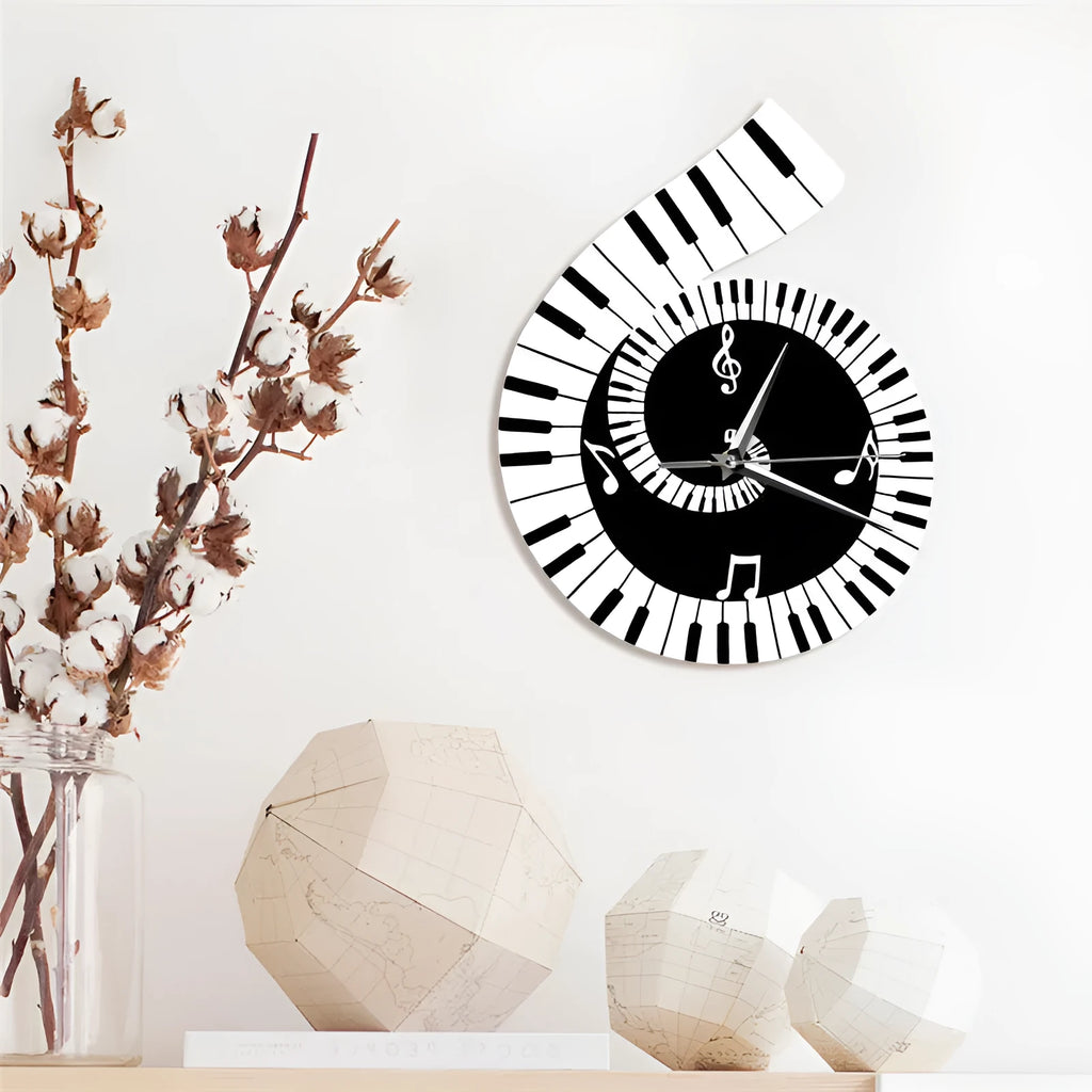 Black and white decoration wall clock with treble clef, piano keyboard and musical notes design