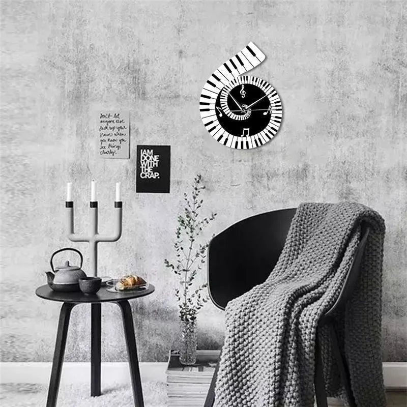 Black and white decoration wall clock with treble clef, piano keyboard and musical notes design