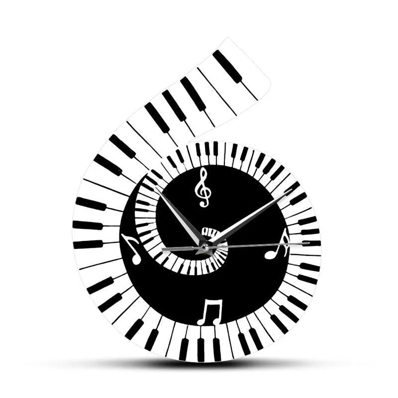 Black and white decoration wall clock with treble clef, piano keyboard and musical notes design