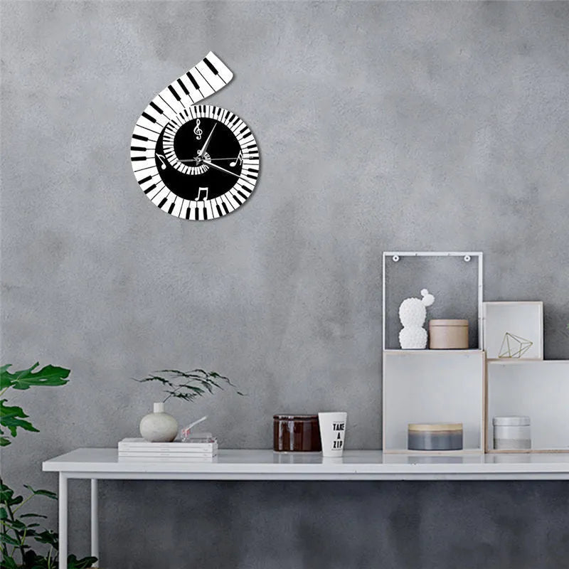 Black and white decoration wall clock with treble clef, piano keyboard and musical notes design