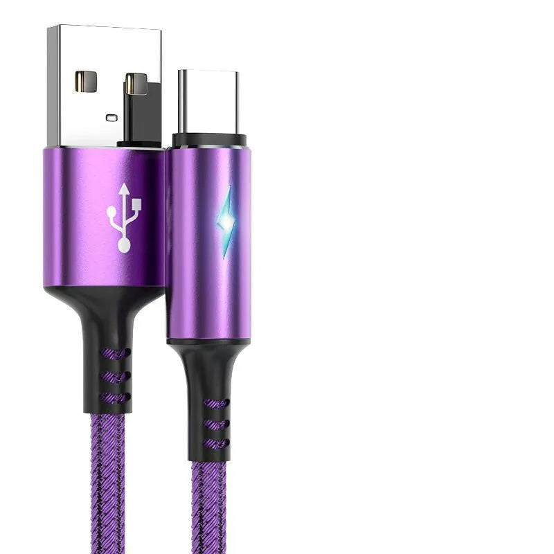 Universal USB data cable compatible with iPhone 12 and Android devices in black, red, or purple colours