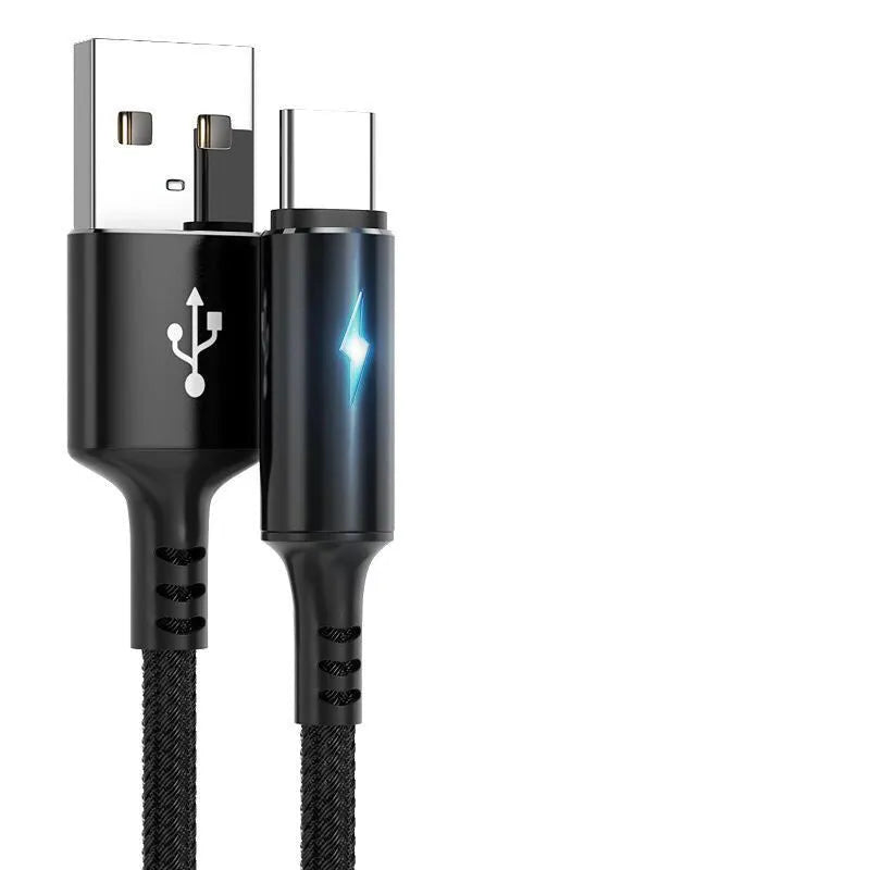 Universal USB data cable compatible with iPhone 12 and Android devices in black, red, or purple colours