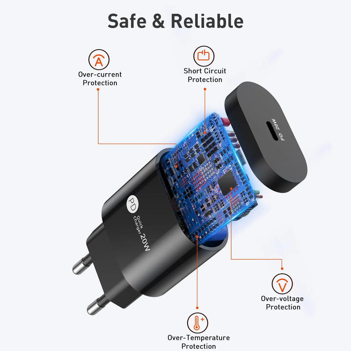 PD20W 20W fast charger with Type-C interface, 9V-2.2A output, 40g pure PC body, white or black
