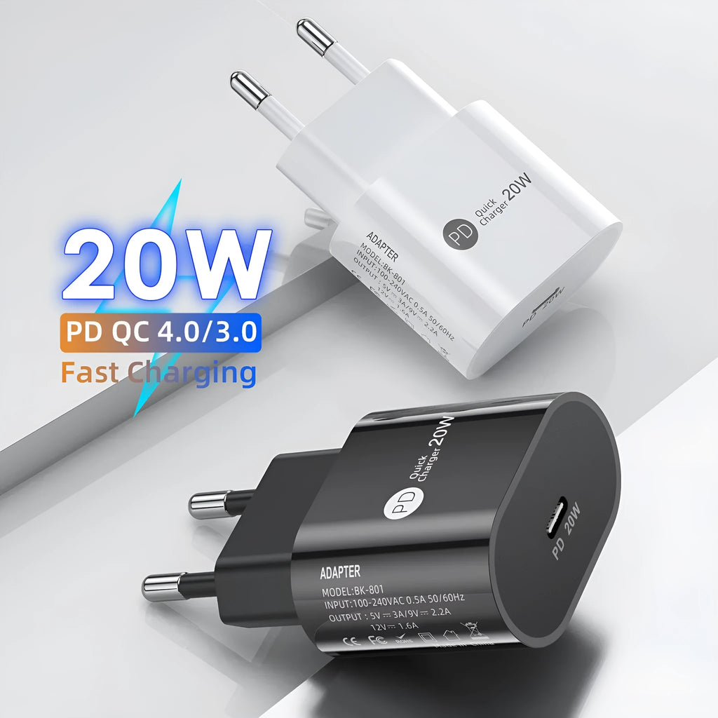 PD20W 20W fast charger with Type-C interface, 9V-2.2A output, 40g pure PC body, white or black