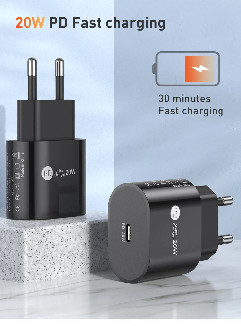 PD20W 20W fast charger with Type-C interface, 9V-2.2A output, 40g pure PC body, white or black