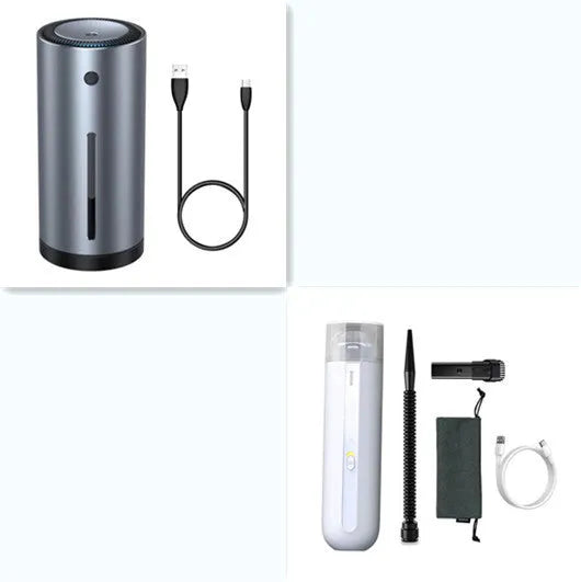 Wireless handheld car vacuum cleaner with blowing hose and HEPA filter.