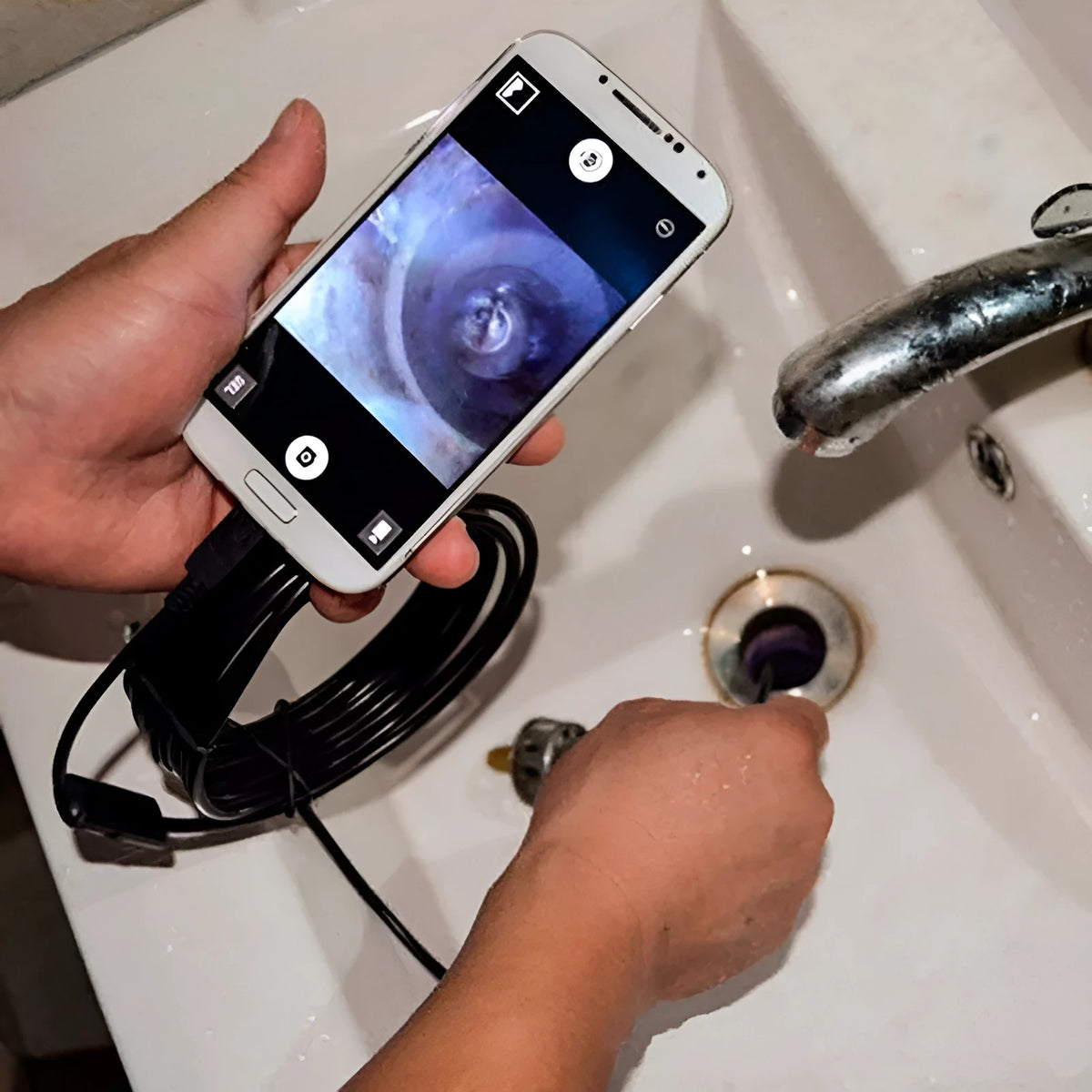 Black Type-C USB endoscope with 8mm probe, 5MP camera, IP68 waterproof rating, and 5000mm working length.