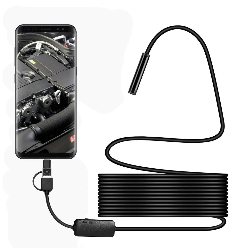Black Type-C USB endoscope with 8mm probe, 5MP camera, IP68 waterproof rating, and 5000mm working length.