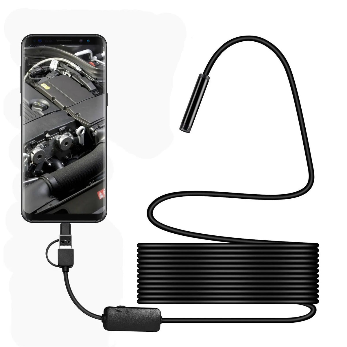 Black Type-C USB endoscope with 8mm probe, 5MP camera, IP68 waterproof rating, and 5000mm working length.
