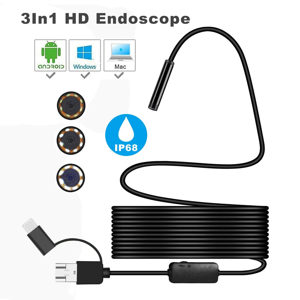 Black Type-C USB endoscope with 8mm probe, 5MP camera, IP68 waterproof rating, and 5000mm working length.