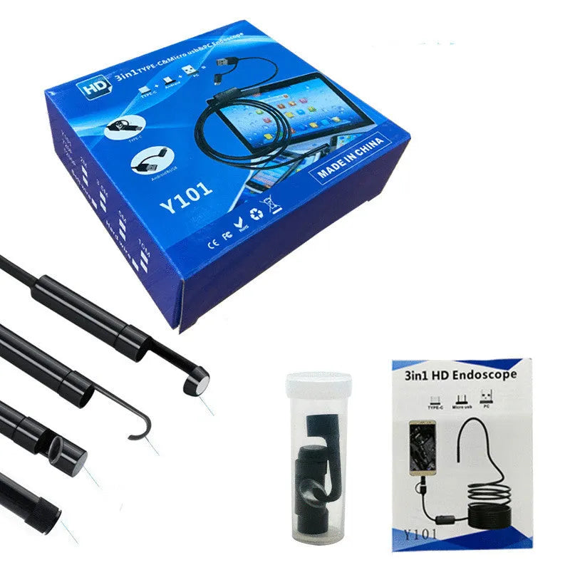 Black Type-C USB endoscope with 8mm probe, 5MP camera, IP68 waterproof rating, and 5000mm working length.