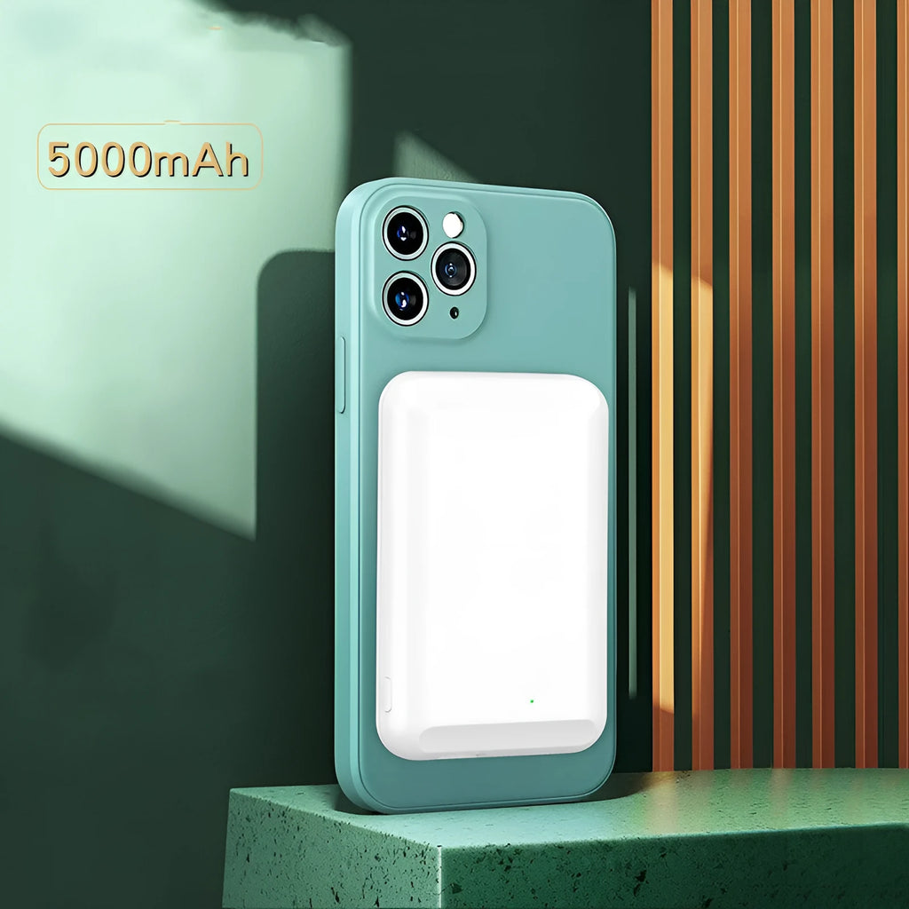 Magnetic wireless power bank in five colour options showing plastic casing and magnetic charging surface