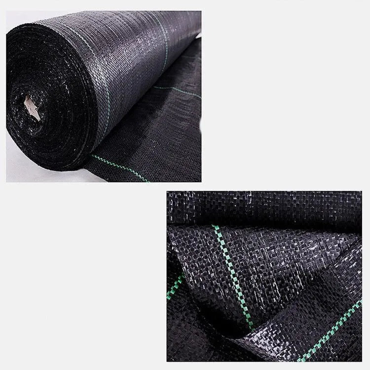 Black polyethylene weed-proof cloth for greenhouse weed suppression, shown in agricultural setting