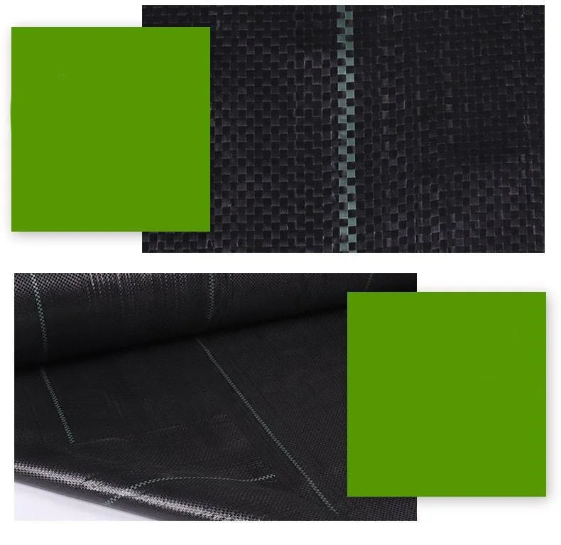 Black polyethylene weed-proof cloth for greenhouse weed suppression, shown in agricultural setting