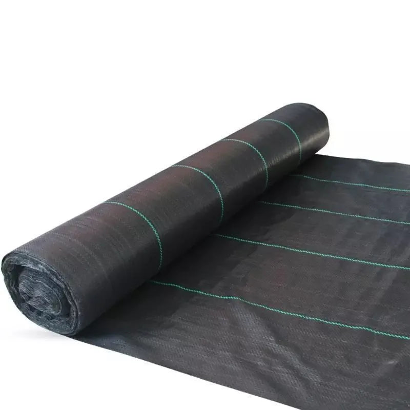 Black polyethylene weed-proof cloth for greenhouse weed suppression, shown in agricultural setting