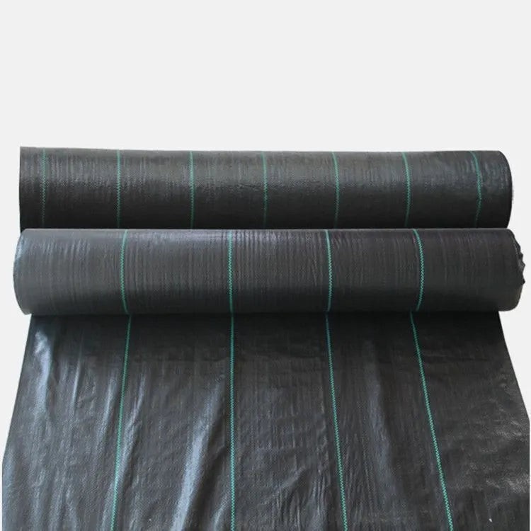 Black polyethylene weed-proof cloth for greenhouse weed suppression, shown in agricultural setting