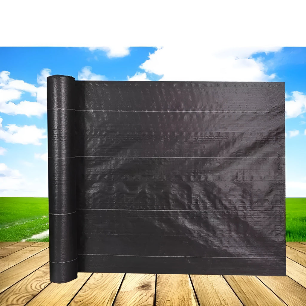 Black polyethylene weed-proof cloth for greenhouse weed suppression, shown in agricultural setting