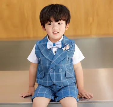 Blue swallowtail suit vest set for little boy with shorts, shirt, bow tie and corsage, available in 80-120cm height