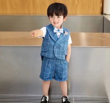 Blue swallowtail suit vest set for little boy with shorts, shirt, bow tie and corsage, available in 80-120cm height