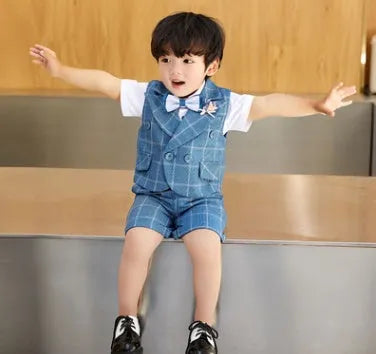 Blue swallowtail suit vest set for little boy with shorts, shirt, bow tie and corsage, available in 80-120cm height