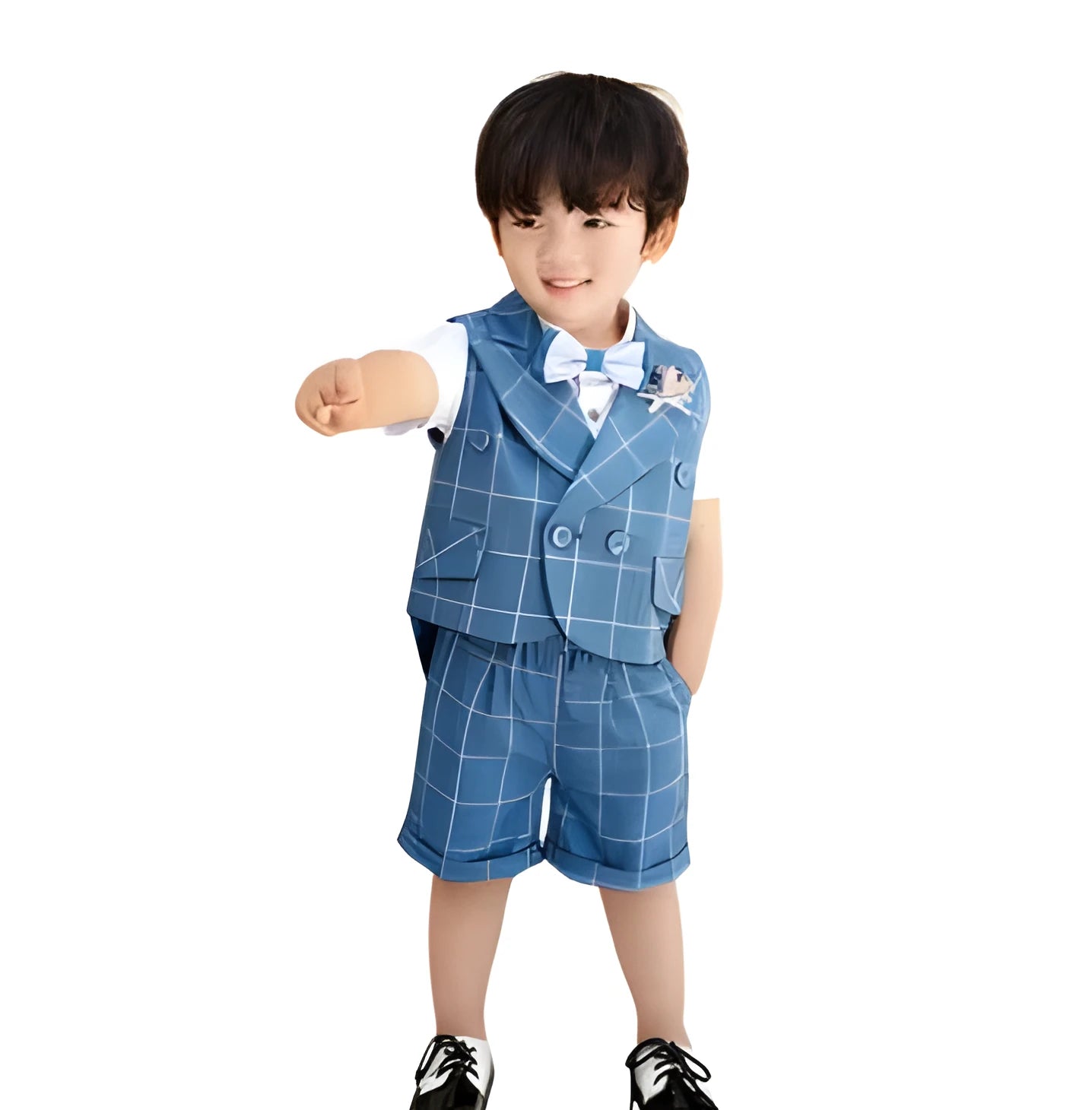 Blue swallowtail suit vest set for little boy with shorts, shirt, bow tie and corsage, available in 80-120cm height