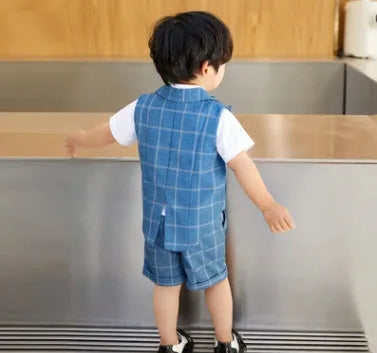 Blue swallowtail suit vest set for little boy with shorts, shirt, bow tie and corsage, available in 80-120cm height