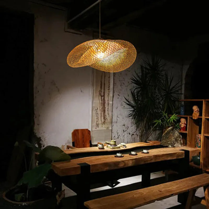 Chinese bamboo chandelier with 40cm shell shade for Zen tea room lighting