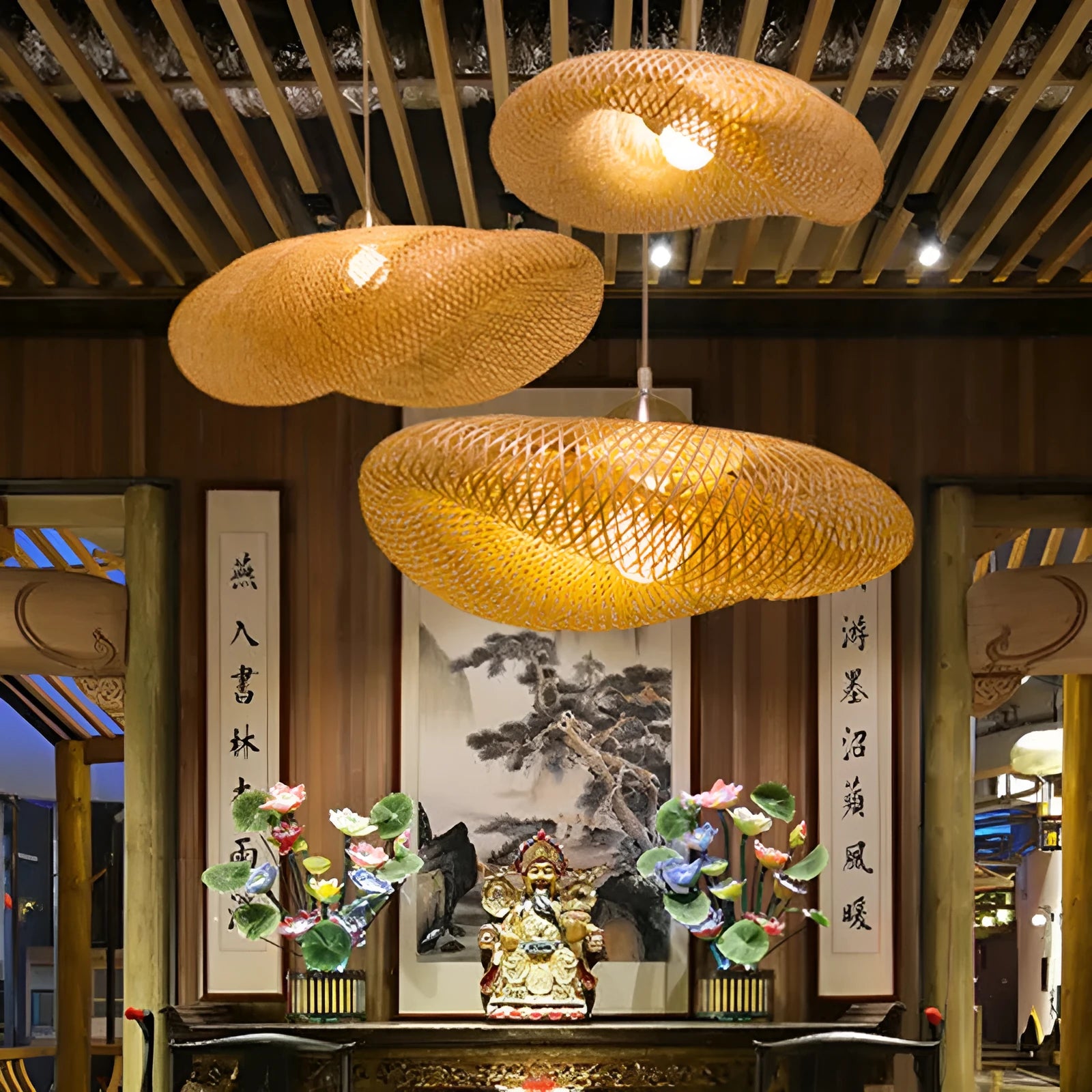 Chinese bamboo chandelier with 40cm shell shade for Zen tea room lighting