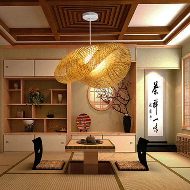 Chinese bamboo chandelier with 40cm shell shade for Zen tea room lighting