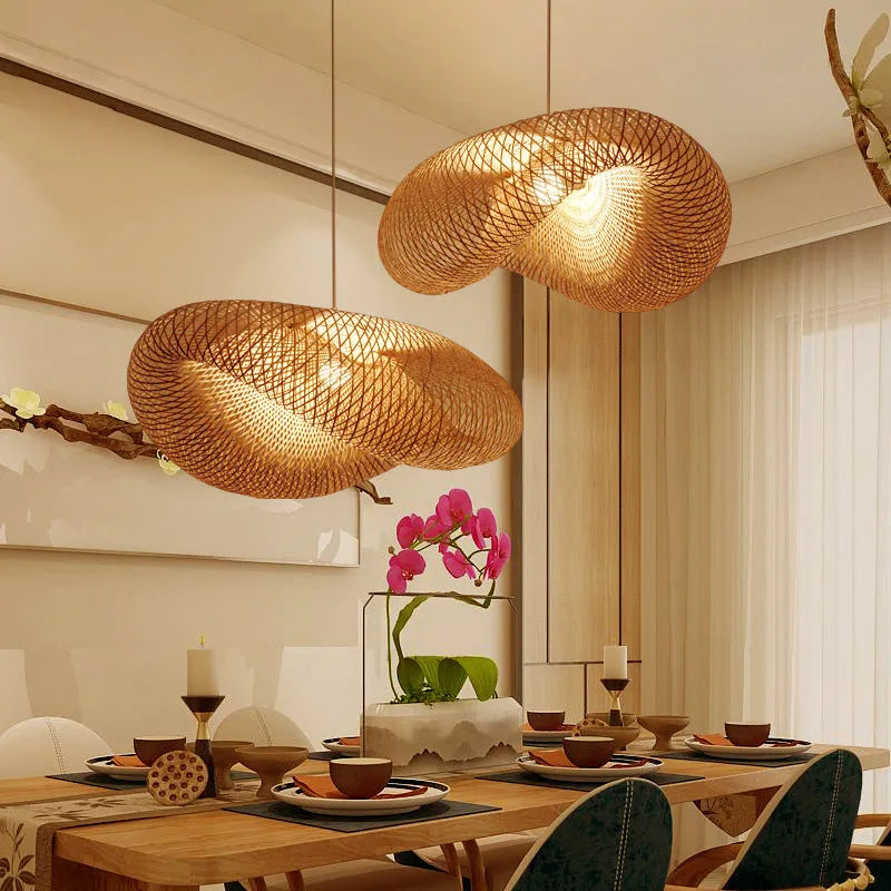 Chinese bamboo chandelier with 40cm shell shade for Zen tea room lighting