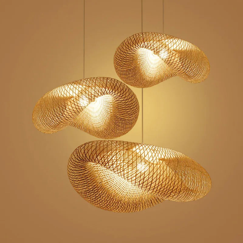 Chinese bamboo chandelier with 40cm shell shade for Zen tea room lighting