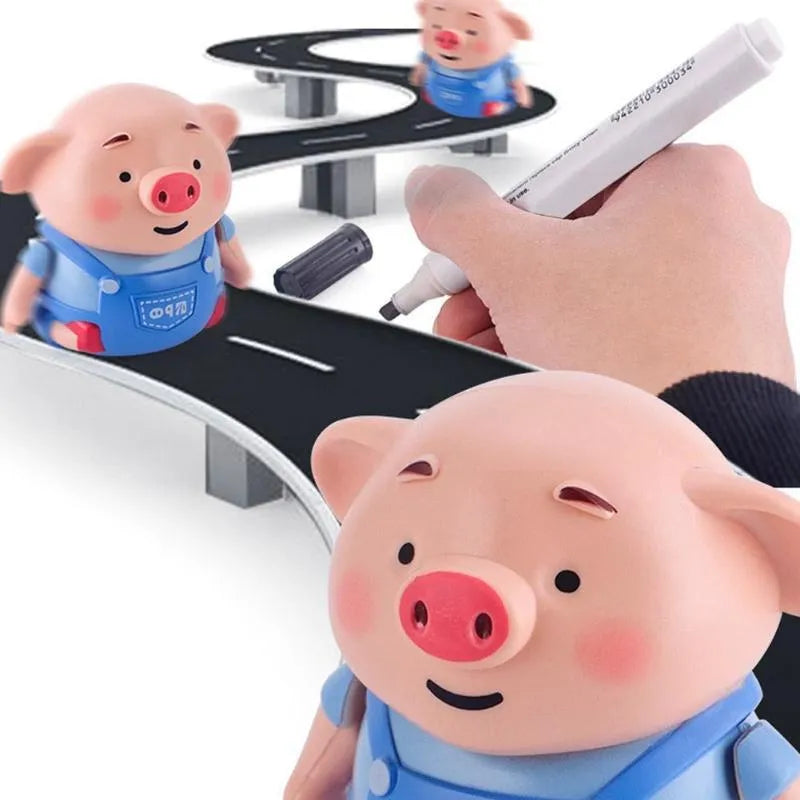 Scribing induction pig toy robot with line-following feature, eco-friendly ABS, LED lights, 8cm width