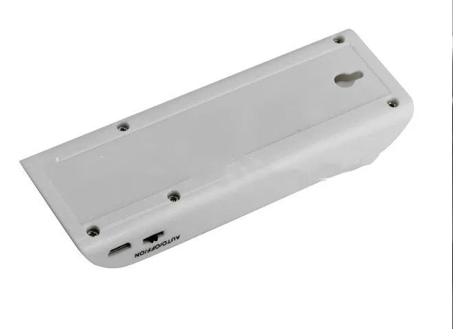White rechargeable human body sensor LED night light with PVC shade on a cabinet.