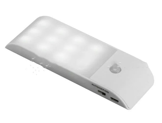 White rechargeable human body sensor LED night light with PVC shade on a cabinet.