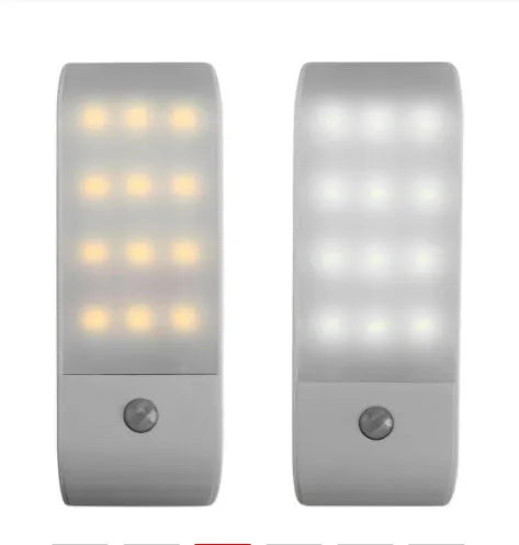 White rechargeable human body sensor LED night light with PVC shade on a cabinet.