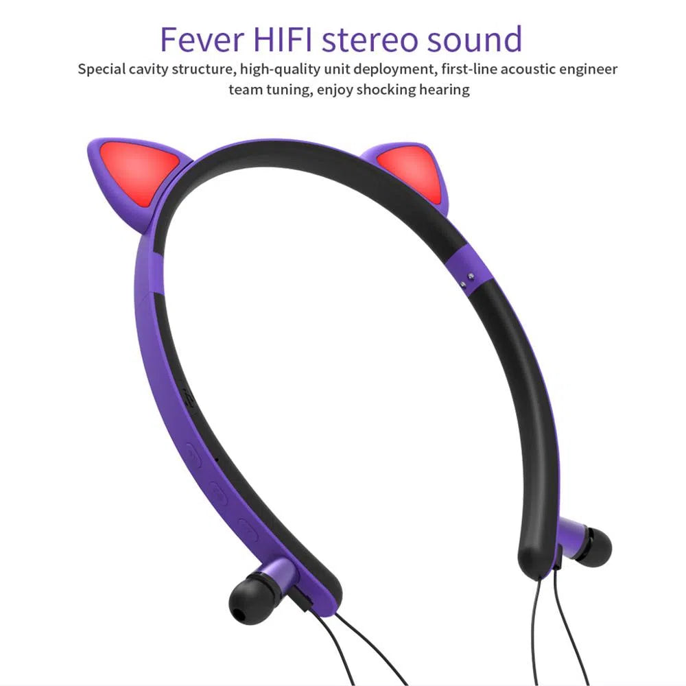 LED glowing Bluetooth cat ear headphones with purple colour and detachable ears on headband