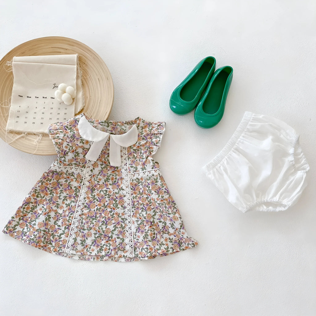 MILANCEL baby girls two-piece set: white floral sleeveless top and shorts, 100% cotton, sizes 66cm to 100cm