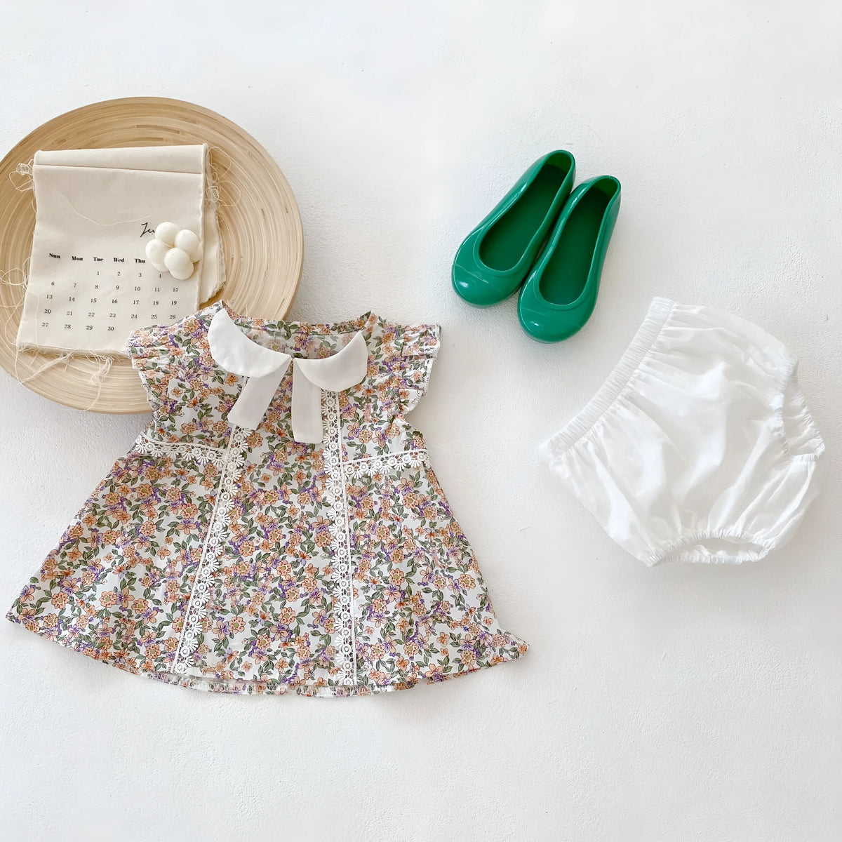 MILANCEL baby girls two-piece set: white floral sleeveless top and shorts, 100% cotton, sizes 66cm to 100cm