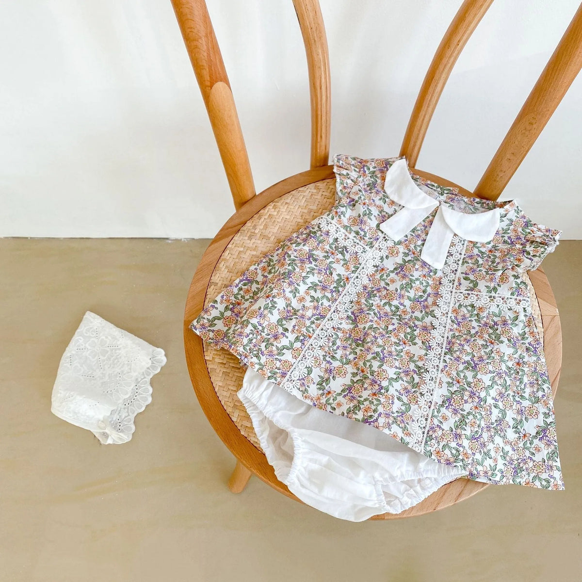 MILANCEL baby girls two-piece set: white floral sleeveless top and shorts, 100% cotton, sizes 66cm to 100cm