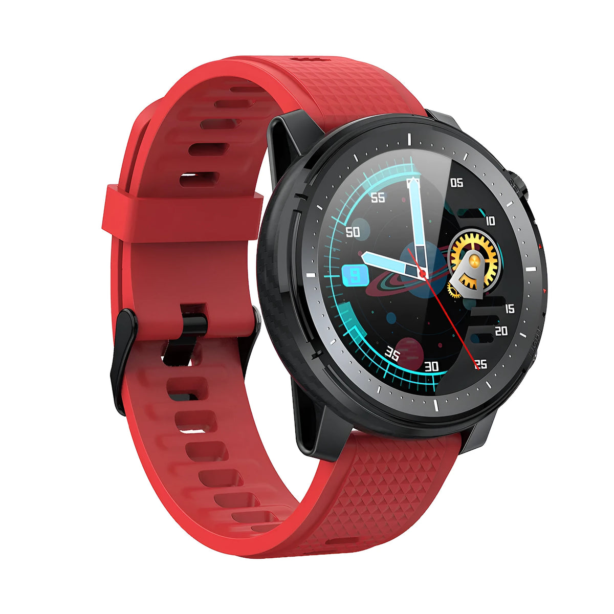 Black and red Android smart watch with round dial, silicone strap, and IP68 waterproof rating.