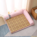 Triangular summer cooling pet mat in green, grey or pink, sizes S M L, canvas and faux suede nest bed for cats and small dogs
