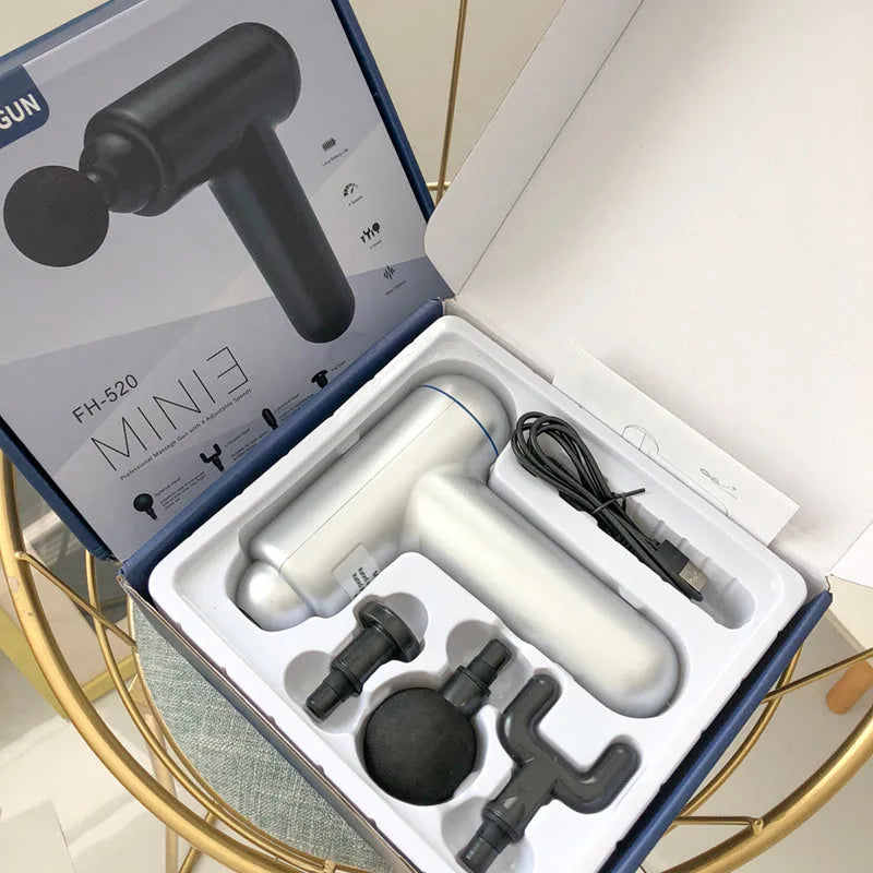 Black handheld fascia gun muscle massager with USB charging port